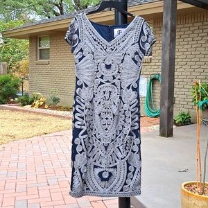 NWT J S Collections formal dress, size 4. Navy/gray trimmings